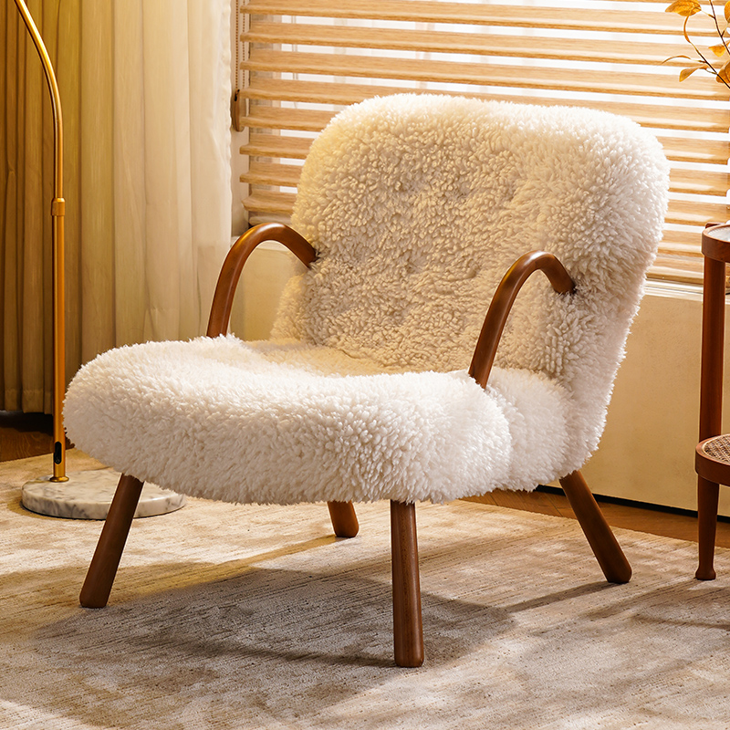 Day Style Single Sofa Small Household Type Home Balcony Leisure Reclining Chair Mesh Red Lamb Wool Chair Solid Wood Sloth Sofa-Taobao