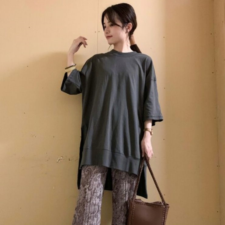 Deep Slit Waistcoat Spring and Summer Women's Clothing 5-Sleeve Round Neck T-Shirt Extended Length Pure Cotton Loose Fit