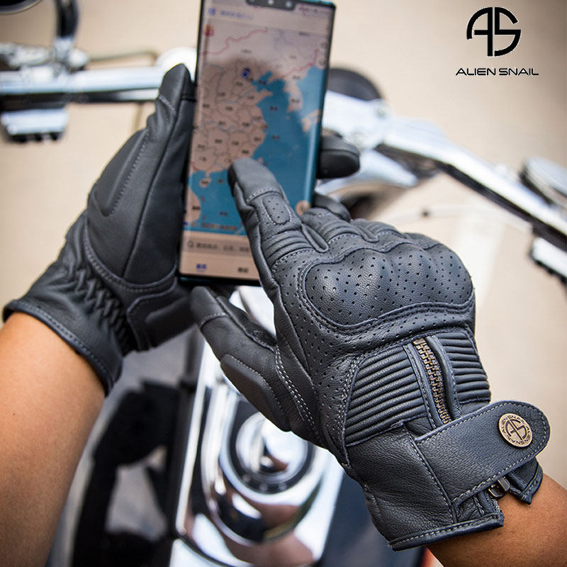 Alien snail rider gloves retro motorcycle four seasons real sheepskin motorcycle riding gloves anti-fall breathable touch screen