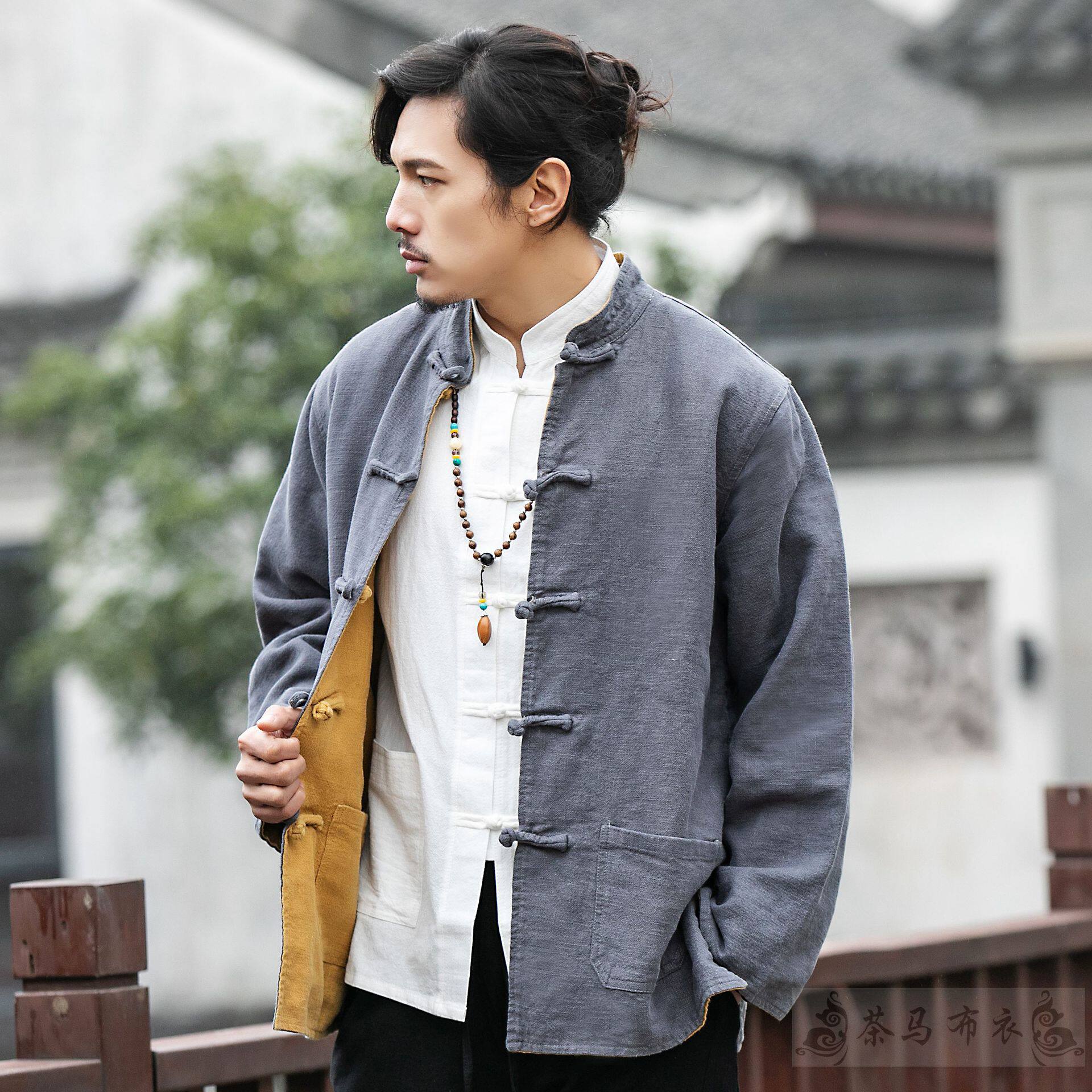 Autumn-winter bifacial bicolor two sides wearing Chinese style retro pure cotton disc buckle Down with jacket male Chinese style Zen to take a seat-Taobao
