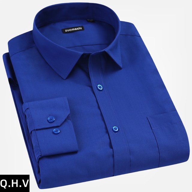 Men's blue long-sleeved shirt pure blue no-iron pure sapphire blue men's solid color clothes casual business large size men's shirt