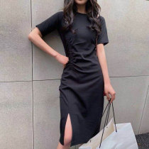 Korean star split small black dress womens 2021 Spring and summer pleated A long skirt temperament short-sleeved dress base skirt