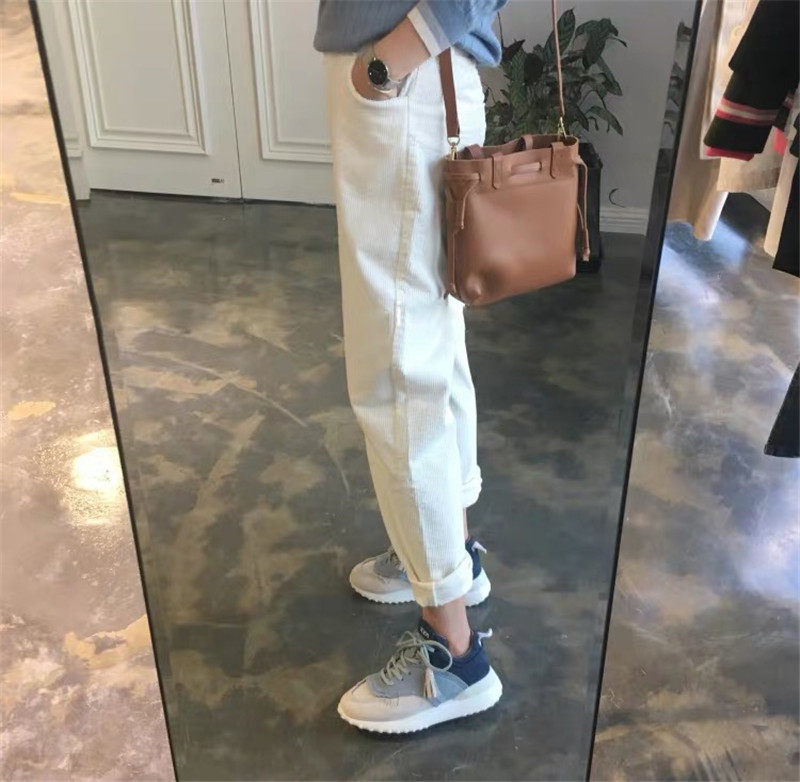 South Korea 2022 spring new plus velvet corduroy straight daddy harem pants white wide-leg pants loose pants women