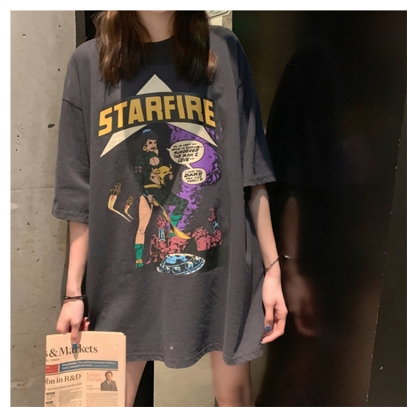 Korean net red trendy brand mid-length short-sleeved cartoon printing lazy wind T-shirt top female summer ins lower body missing t
