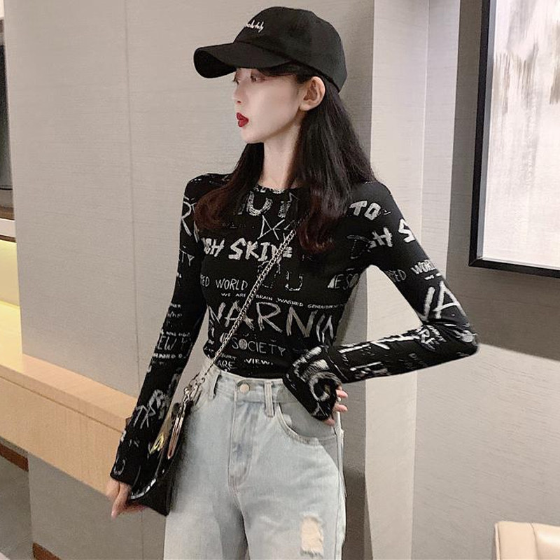 South Korea's autumn 2020 new graffiti print slimming thin net red bottom shirt long-sleeved T-shirt women's ins trend