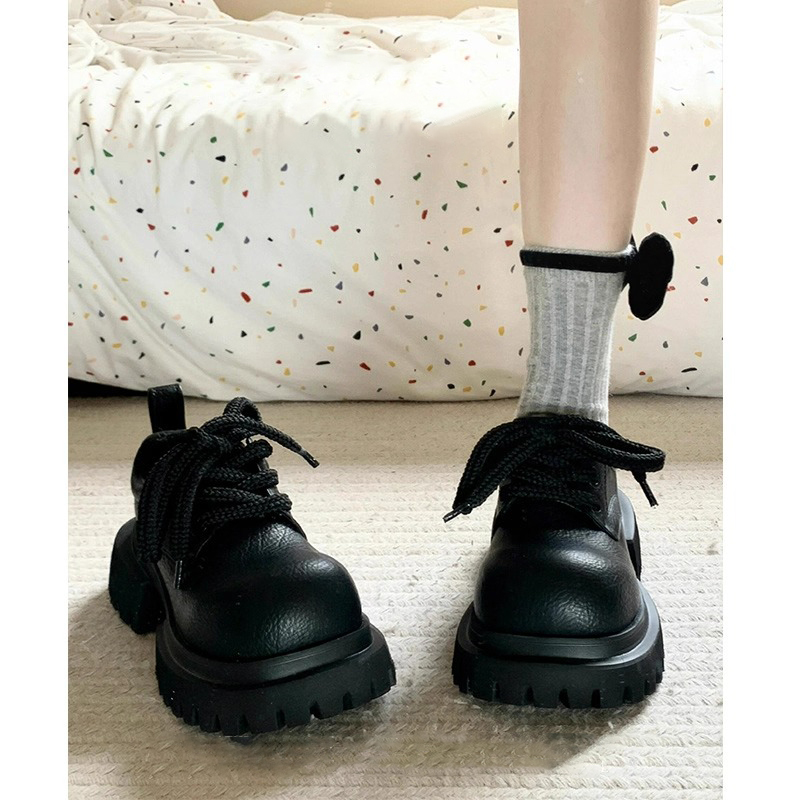 British Style Black Fashionable Versatile Women's Leather Shoes with Round Toe, Chunky Heel, Thick Sole, Height-Increasing Loafers, College Style Non-Slip Single Shoes