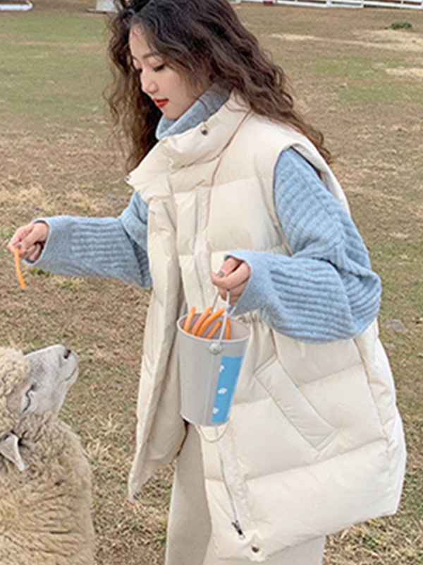 Korean Style Vest down Jacket for Women 2024 Autumn and Winter New Trendy Vest Loose Stand Collar Waist-Cinching Mid-Length Coat