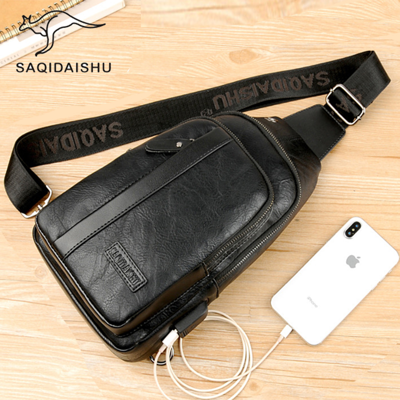 Saatchi kangaroo men's chest bag leather casual men's bag cowhide shoulder bag trendy brand Messenger bag chest backpack men