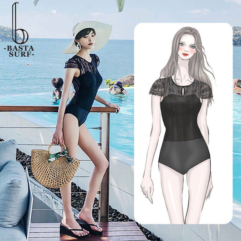 2022 new swimsuit women's one-piece conservative hollow lace net red with conservative belly cover sexy slim swimsuit summer