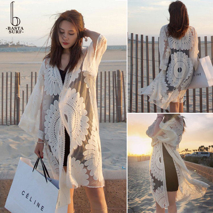 Beach sunscreen clothing Beach cardigan Swimsuit shawl blouse Hot spring mesh jacket blouse Female outer wear medium and long version