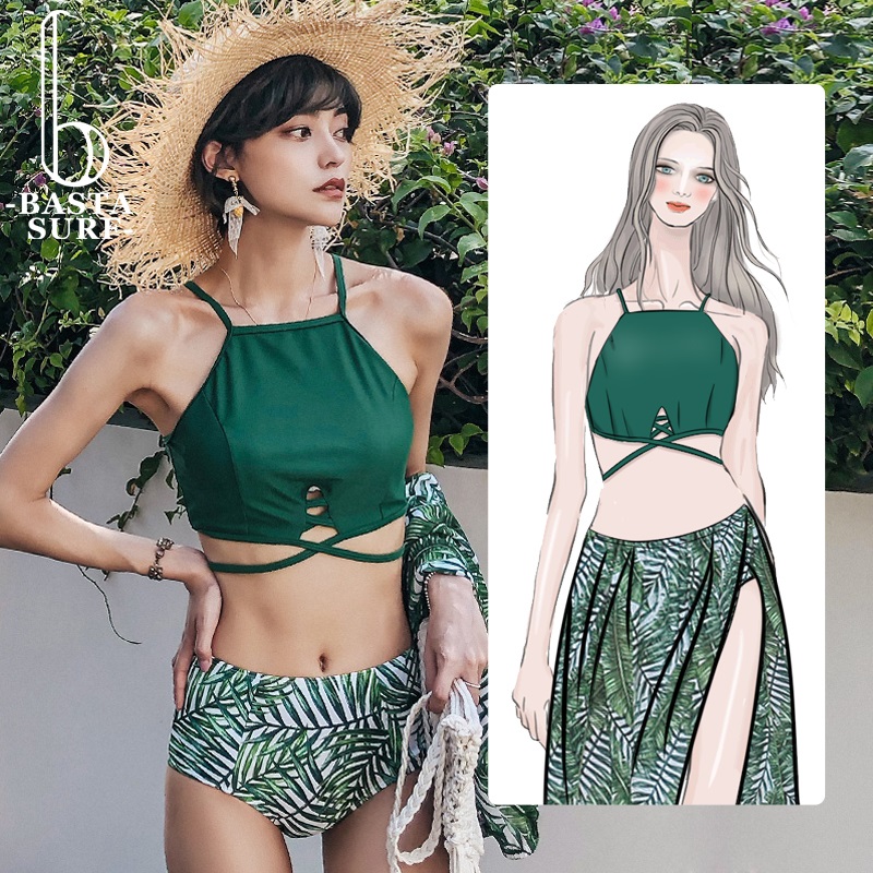 2021 new swimsuit women's three-piece Korean ins wind bathing hot spring fairy fan small chest gathered two-piece bathing suit