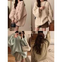 Korean style soft waxy twist round neck knitted pullover top 2023 autumn and winter lazy style large size loose sweater jacket for women