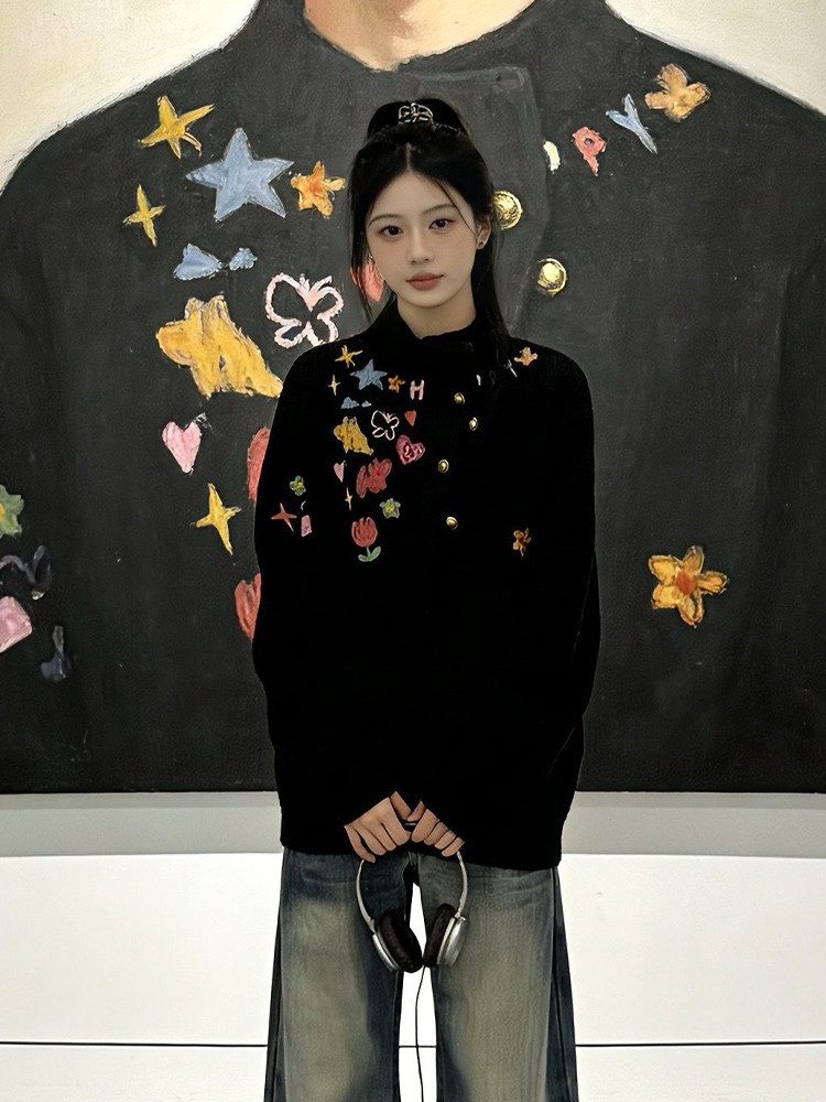 Black Cartoon Graffiti Half-Turtleneck Sweater for Men and Women, Winter Lazy Style High-End Knit Top for Layering