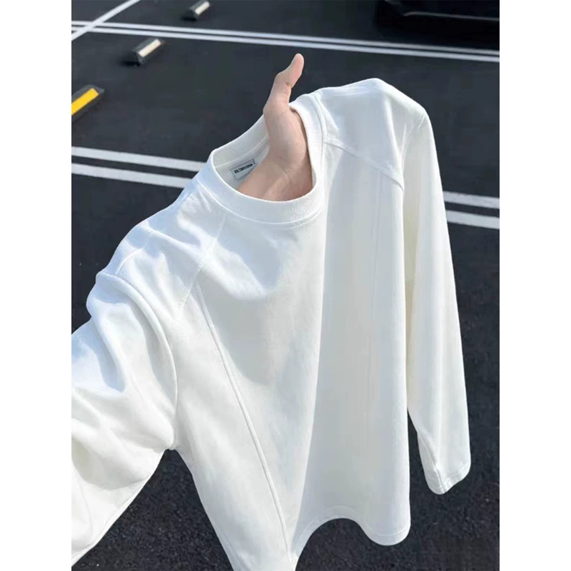 White American-Style Patchwork Regular Shoulder Sweatshirt for Men, Autumn Cleanfit Heavyweight Long-Sleeve T-Shirt with Small Neckline for Layering