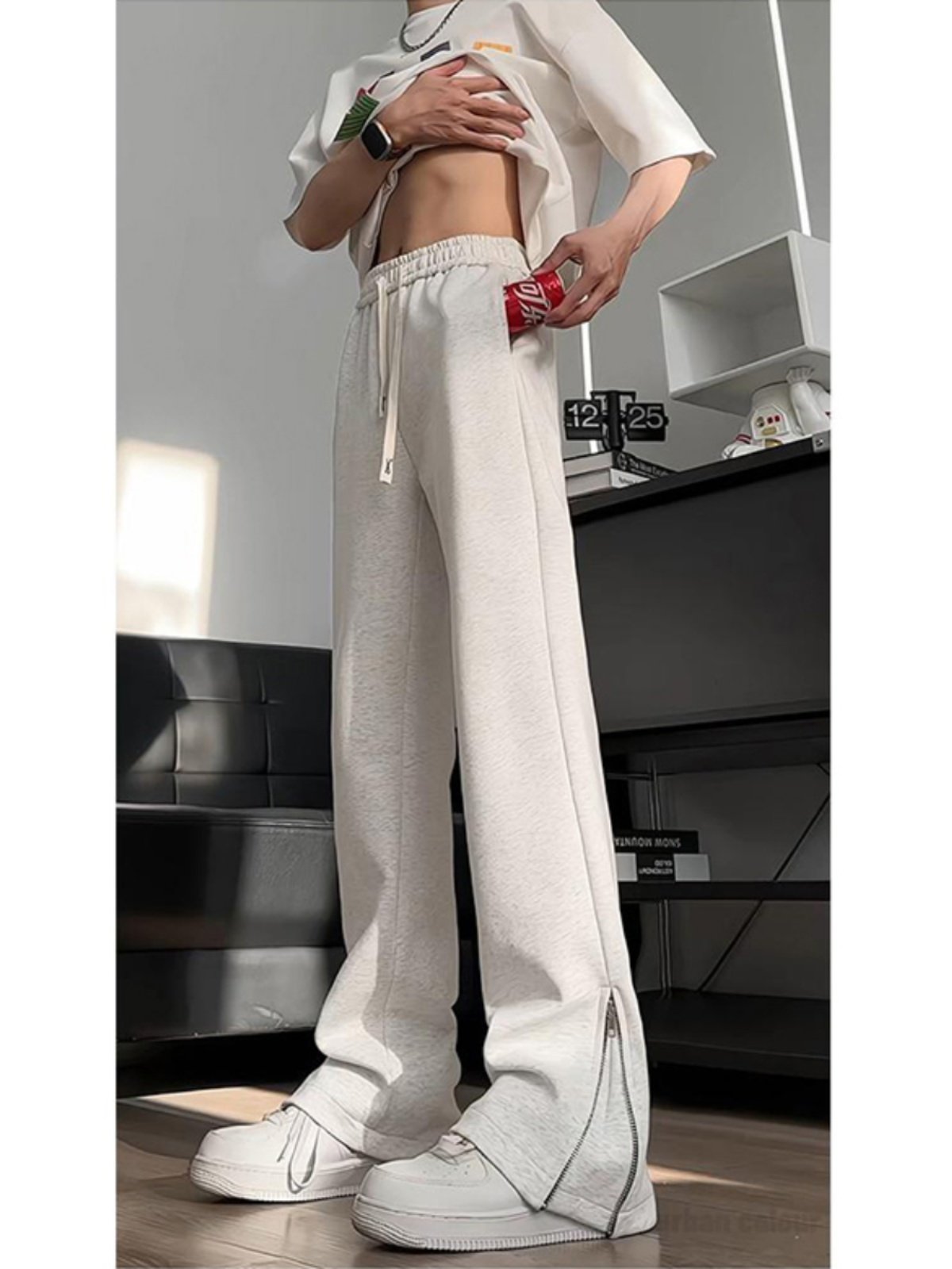 White Floral Gray Flared Wide-Leg Pants for Men, Autumn Zipper Hem Niche Sweatpants, American High Street Versatile Floor-Length Pants