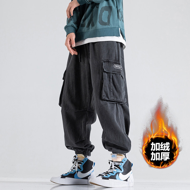 Men's Large Pocket Jeans for Autumn and Winter, Plus-Size, Loose Fit, Japanese Retro Style, Washed, Fleece-Lined, Thickened, Jogger Cargo Pants