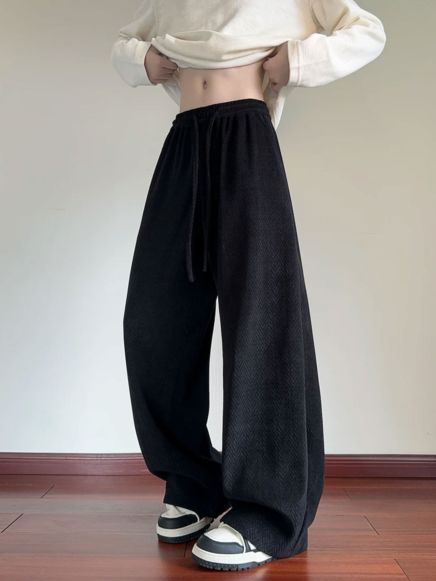 Wheat-Pattern Curved Knife Sweatpants for Men, New Autumn and Winter Trendy Straight-Leg Long Pants, Versatile Loose Drape Wide-Leg Pants