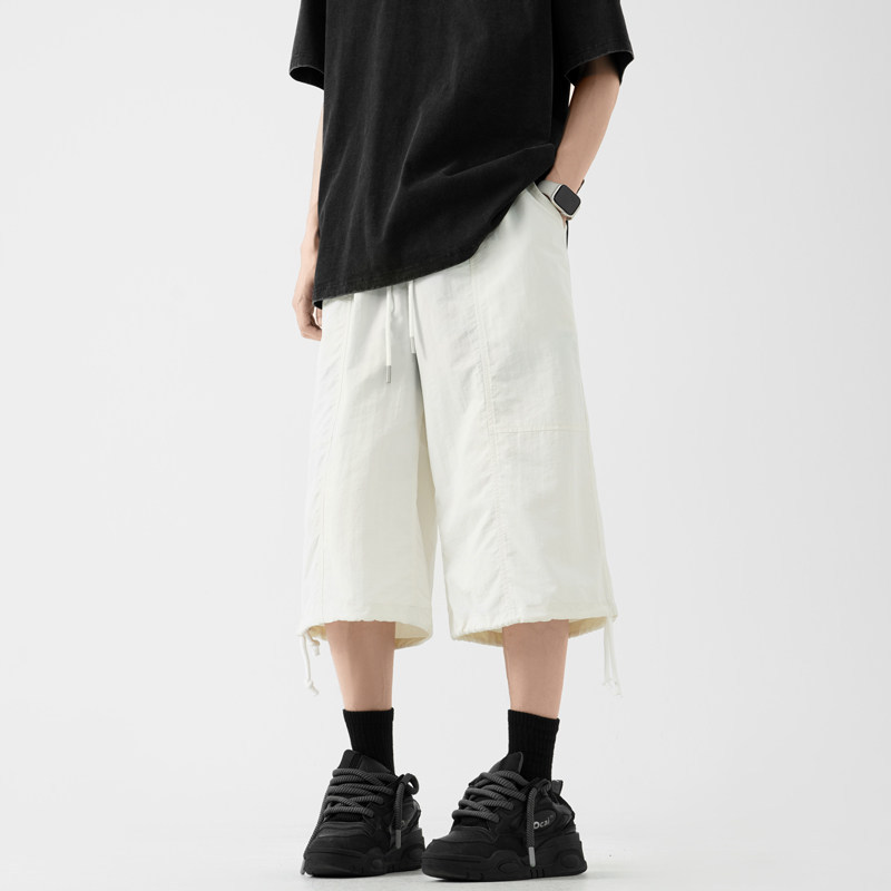 White Quick-Drying Shorts for Men, Summer Ice Silk Wide-Leg Cropped Pants, Thin Loose Trendy Straight-Leg Sports Cargo Pants