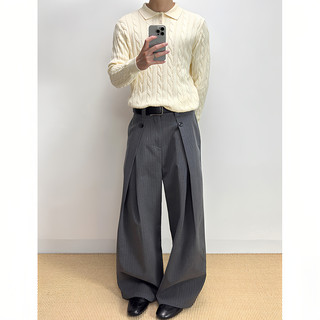 cleanfit条纹打褶西裤男款垂坠感高级感A字版型裤子阔腿西装长裤