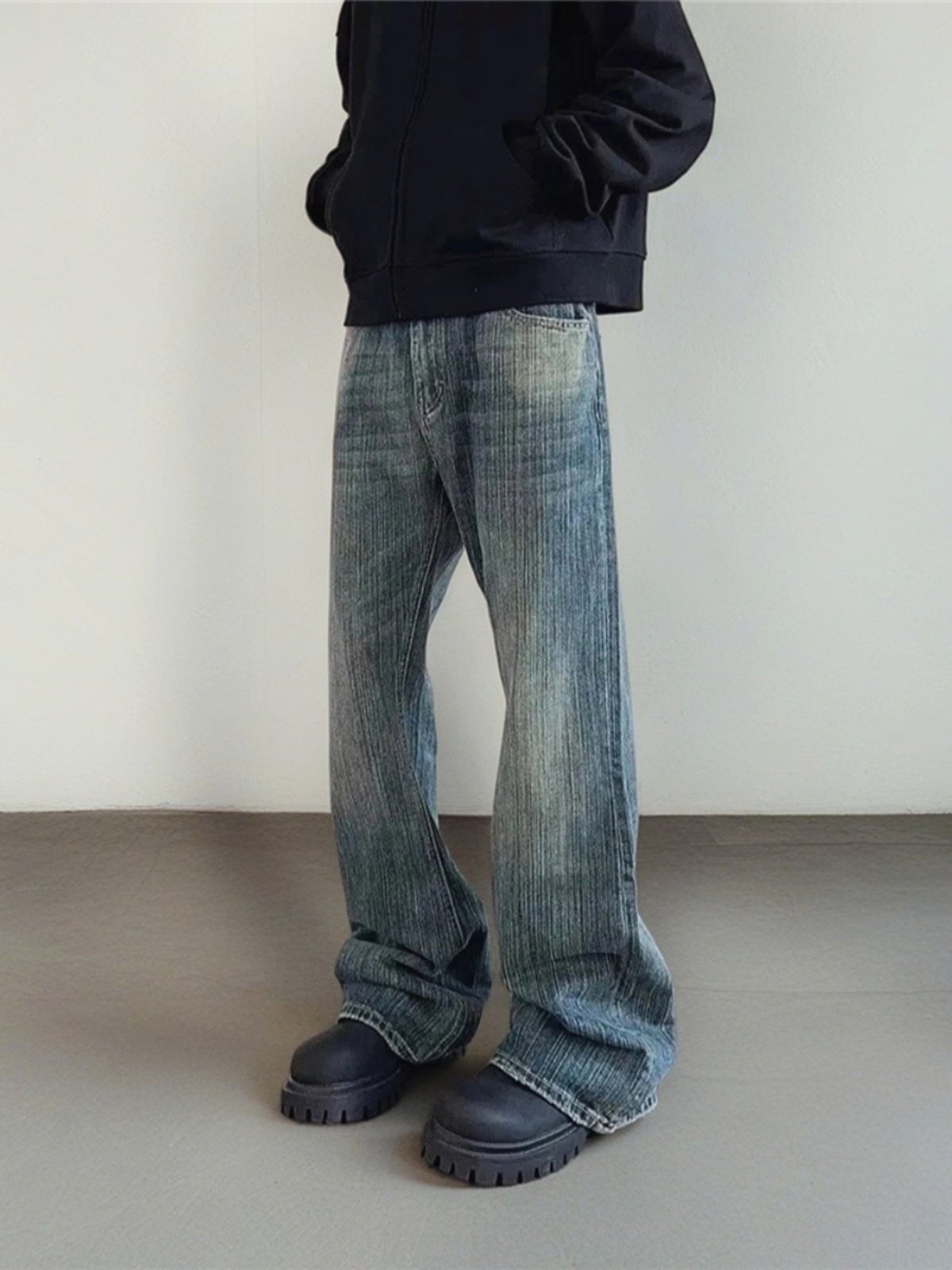 American High Street Style Washed Vintage Slub Denim Jeans for Men, Trendy Brand New Cleanfit Straight-Leg Flared Pants