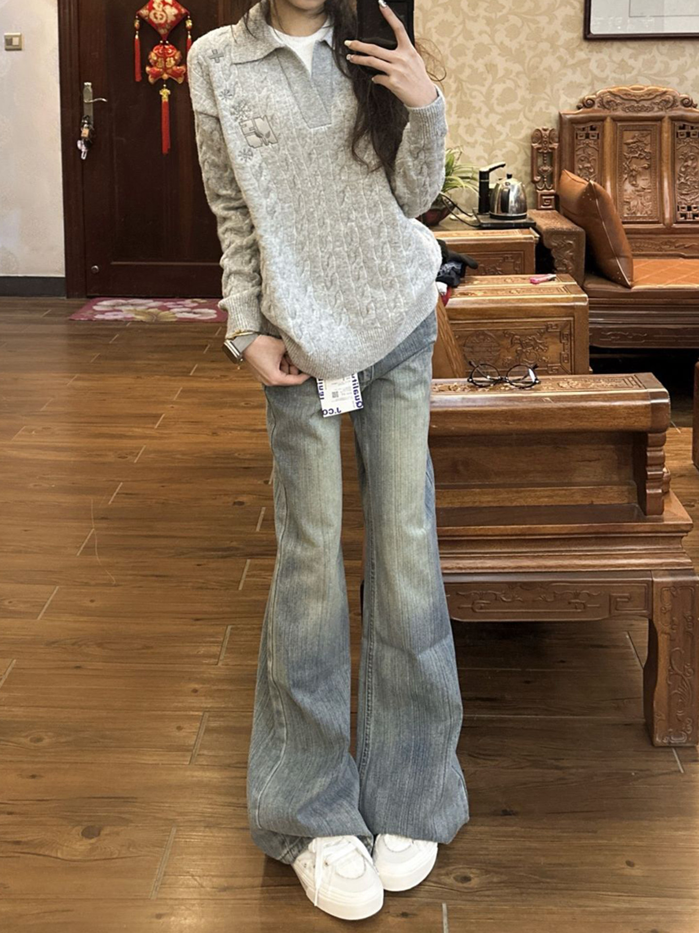 Light Blue American-Style Flared Jeans for Men and Women, Autumn and Winter Fleece-Lined Slim-Fit Pants, High-Waisted Narrow Straight-Leg Pants