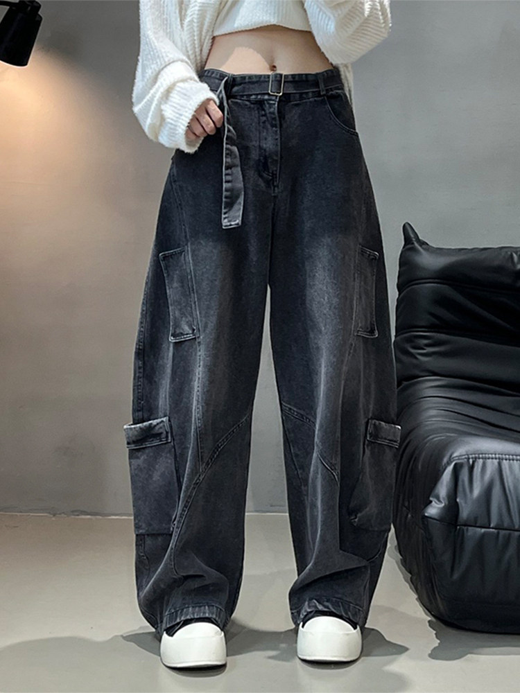 Washed Workwear-Style Curved Knife Jeans for Men, American Design with Multiple Pockets, Deconstructed Pants, Loose Wide-Leg Flared Pants