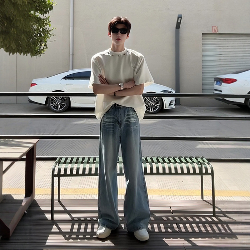 Light Blue Lightning Ripple Ice Blue Jeans for Men, Spring and Summer High-Waisted Pants, American-Style Straight-Leg Scimitar Trousers