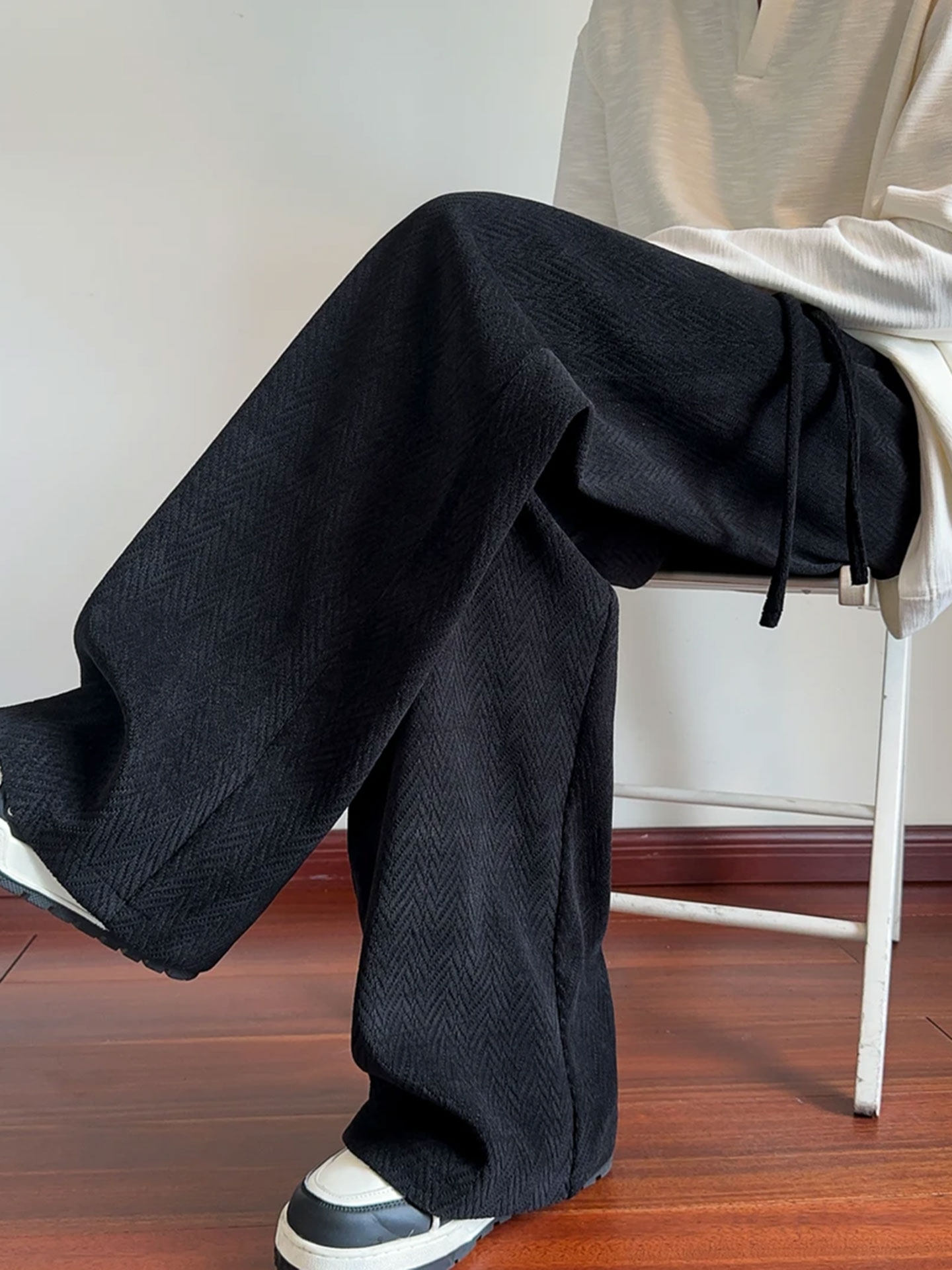 Wheat-Pattern Curved Knife Sweatpants for Men, New Autumn and Winter Trendy Straight-Leg Long Pants, Versatile Loose Drape Wide-Leg Pants