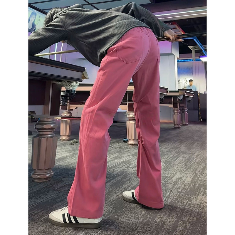 American-Style Washed Raspberry Pink Jeans for Men, Vintage Pleated Patchwork Pure Cotton Straight-Leg Flared Work Pants