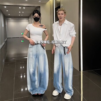 Glacier Blue Zhejiang-Style Flip-Flop Deconstructed Patchwork Denim Pants for Men, Summer Thin Style, Cool and Trendy Street Pants, Wide-Leg Scimitar Pants
