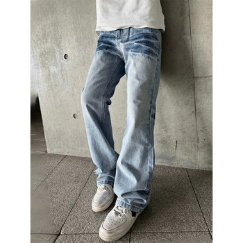 Ice Blue Lightning Pattern American-Style Men's Jeans High Street Vibe Slim Fit Narrow Straight-Leg Flared Long Pants