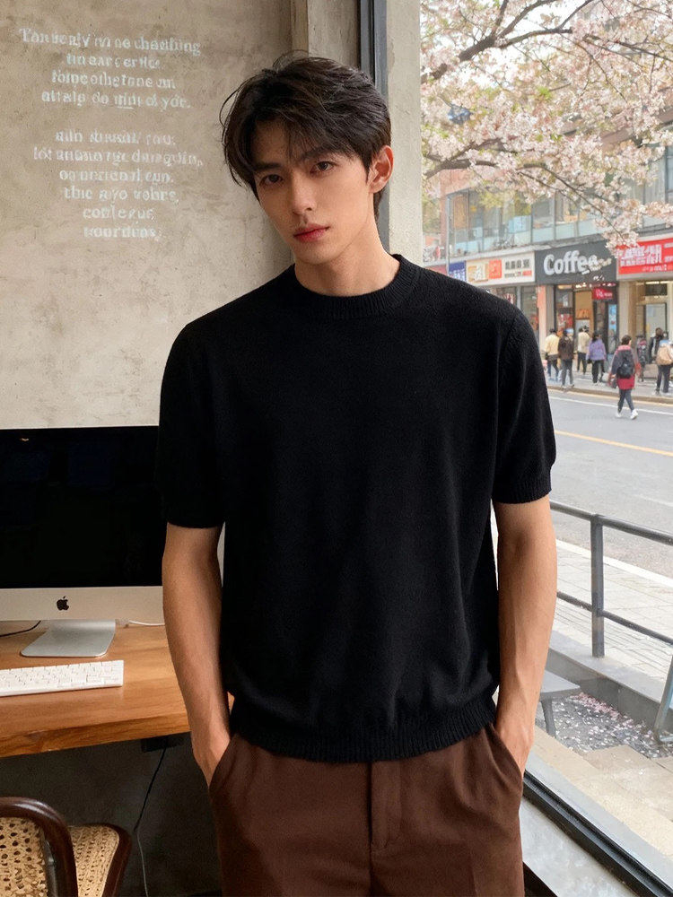 Black Regular Shoulder Knit Short-Sleeve Men's Summer Solona Cool Quick-Dry Ice Silk T-Shirt with a Small Neckline for Layering