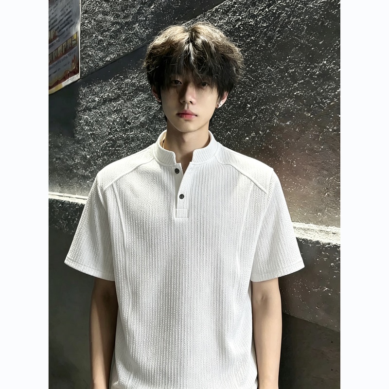 Henry Collar Short-Sleeve Men's Polo Shirt, Autumn Textured Heavyweight T-Shirt, High-End Cleanfit Regular Shoulder Half-Sleeve Henry Collar Short-Sleeve Men's Polo Shirt, Autumn Textured Heavyweight T-Shirt, High-End Cleanfit Regular Shoulder Half-Sleeve
