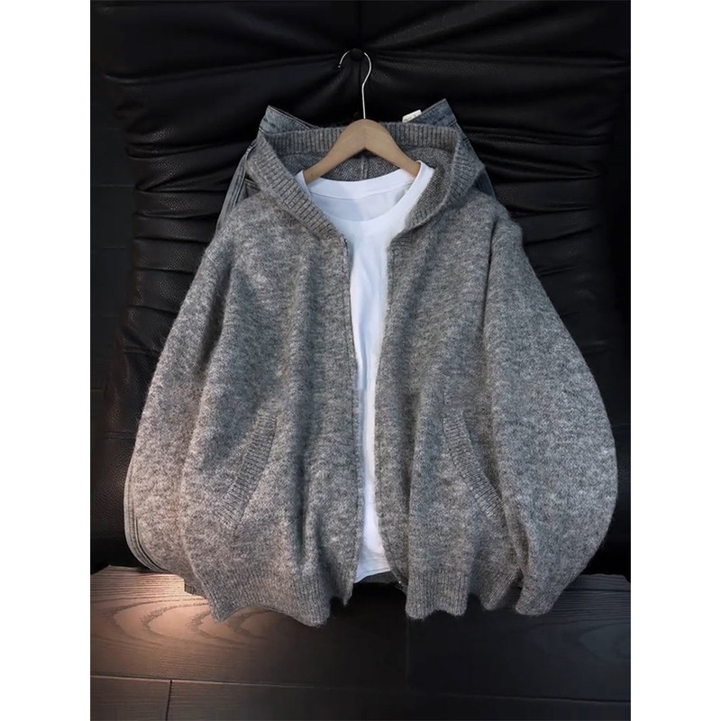 American-Style Knitted Hooded Sweatshirt for Men, Autumn Outerwear Cardigan, High-End Feel, Petite Cleanfit Top Jacket