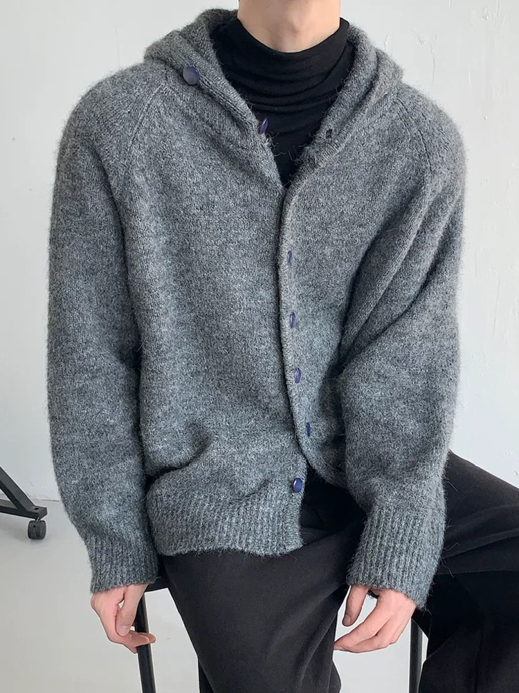 Dark Gray Hooded Sweater for Men, Autumn and Winter, Lazy and High-End Knitted Cardigan, American Retro Cleanfit Jacket