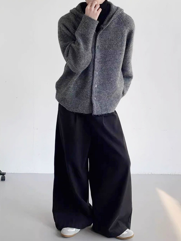 Dark Gray Hooded Sweater for Men, Autumn and Winter, Lazy and High-End Knitted Cardigan, American Retro Cleanfit Jacket