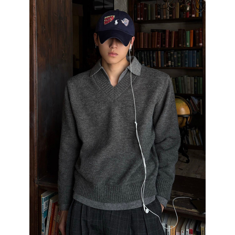 Old Money Style Retro Fake Two-Piece V-Neck Sweater for Men and Women, Autumn and Winter Lazy and Relaxed Feel, Inner Layer Knitwear