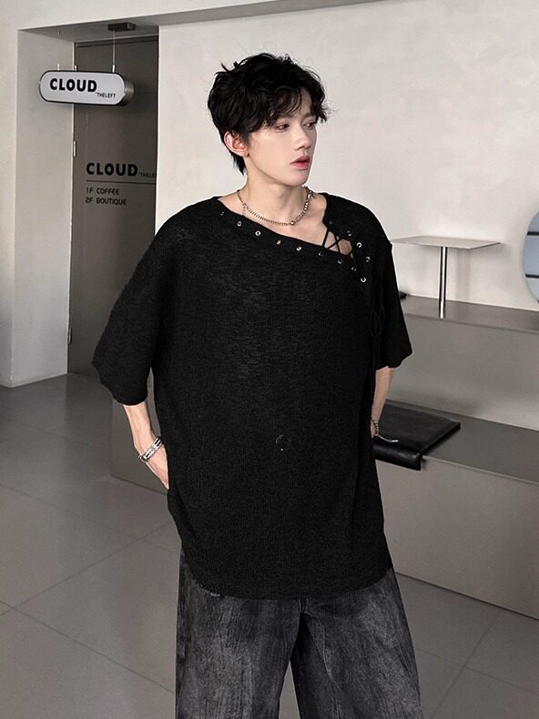 Irregular Design, Tie-Up, Off-Shoulder, Short-Sleeved, Unisex, Popular Summer Outfit, Niche, Relaxed Knit T-Shirt