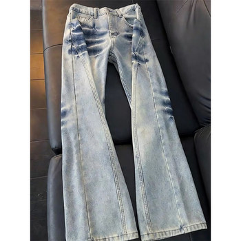 Blue American-Style Lightning Pattern Diagonal-Cut Jeans for Men, Spring Slim-Fit Vibe Pants, Narrow Straight-Leg Slightly Flared Long Pants