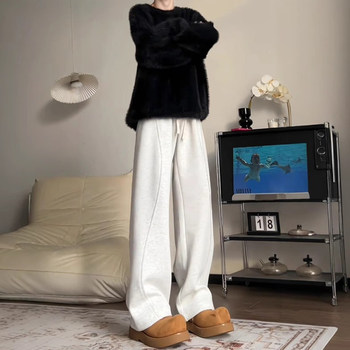 White Floral Gray Curved Knife-Cut Sweatpants for Men, Autumn and Winter American-Style Heavyweight Straight-Leg Drape Pants, High-Waisted Slimming Sports Casual Pants