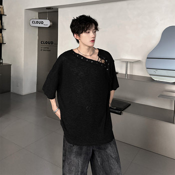 Irregular Design, Tie-Up, Off-Shoulder, Short-Sleeved, Unisex, Popular Summer Outfit, Niche, Relaxed Knit T-Shirt