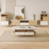 Log cream style slate coffee table oval TV rounded corners Nordic simple living room storage floor cabinet wabi-sabi style