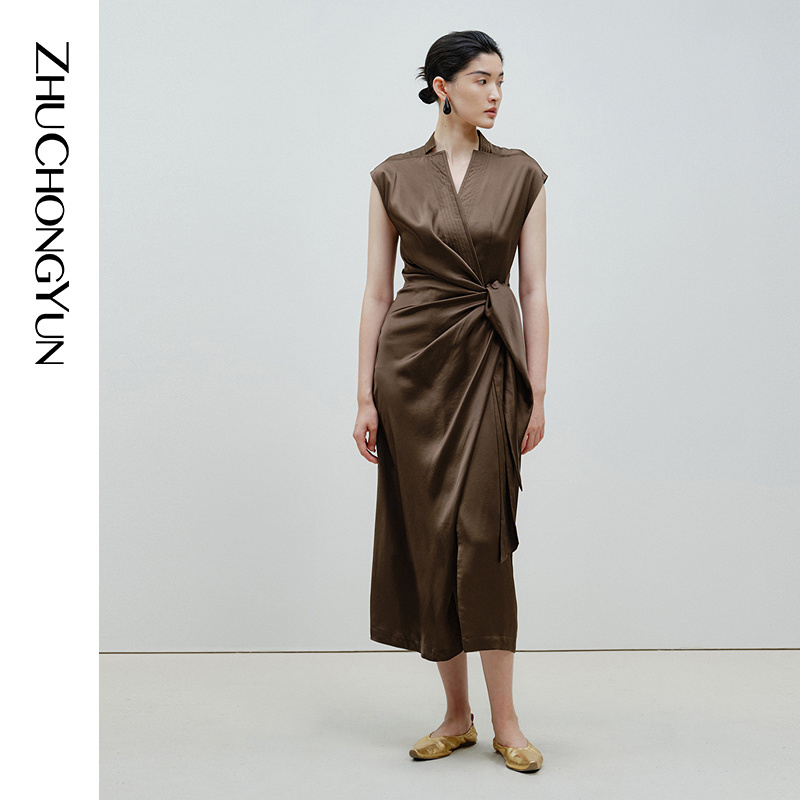 Zhuchongyun Summer Diagonal Placket Chinese-Style Design Pleated Waist-Cinching Tie Slim Long Dress