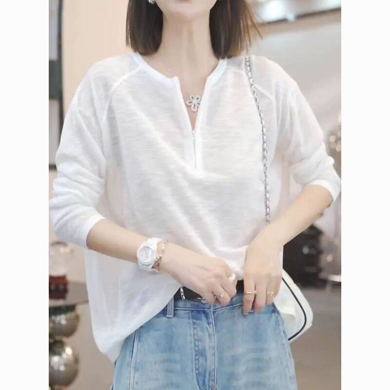 Plus Size Fat mm 150kg Half-Zip Long-Sleeved T-Shirt for Women, Summer Thin Style, Loose, Fashionable, Breathable, Sun Protection Blouse Top