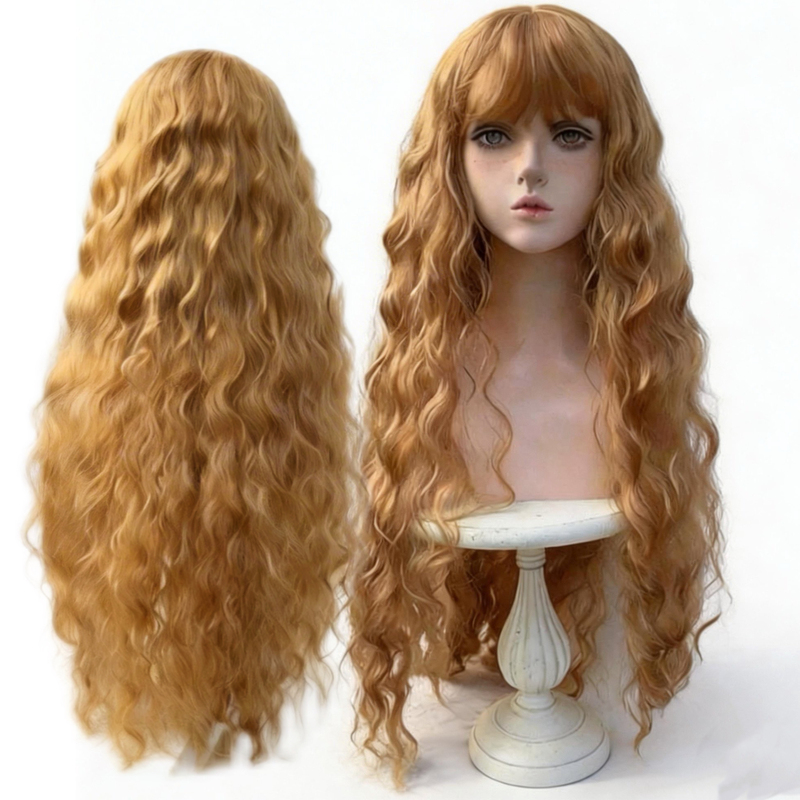 Two Mw Two Independent Original Designs Rapunzel Golden Brown Long Curly Hair High-Temperature Fiber Full Wig with Bangs