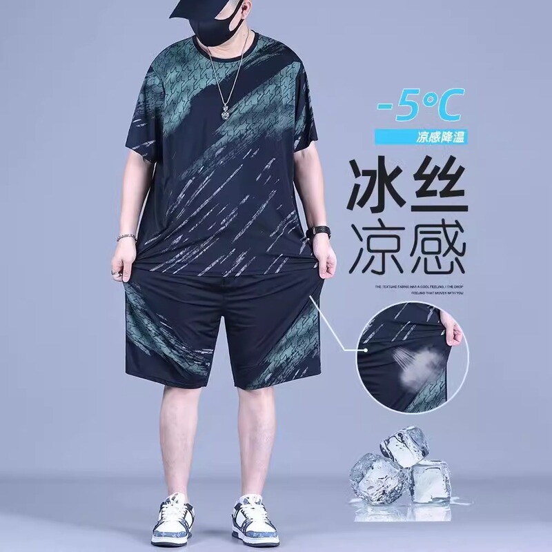 Plus-Size Men's Ice Silk Suit 2025 Summer Cool Summer Wear Loose Fit Extra Large Casual Sports Suit for Big and Tall Men
