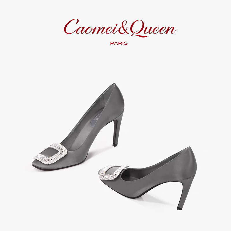 New Style Shallow Mouth Silk Dark Gray Wedding Shoes Banquet Shoes Black Square Toe Rhinestone Stiletto High Heels for Women New Style Shallow Mouth Silk Dark Gray Wedding Shoes Banquet Shoes Black Square Toe Rhinestone Stiletto High Heels for Women