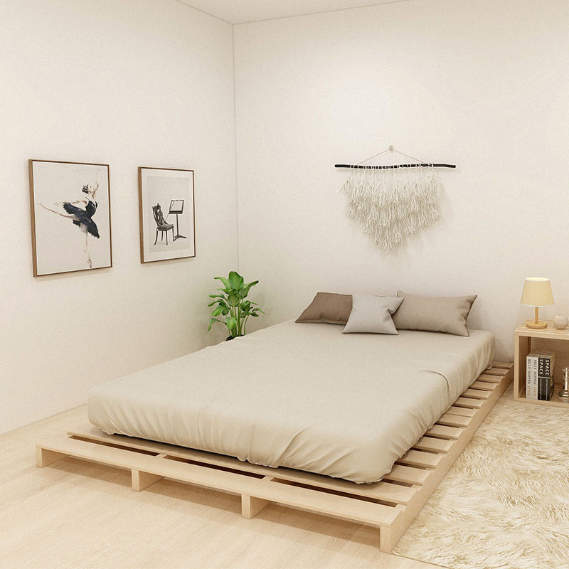 Solid Wood Bed Frame Ground Bunk Bed Pine Wood Solid Wood Bed Rental House Nordic Renters Folk Sleeping Simple Bed Frame Ribs Racks