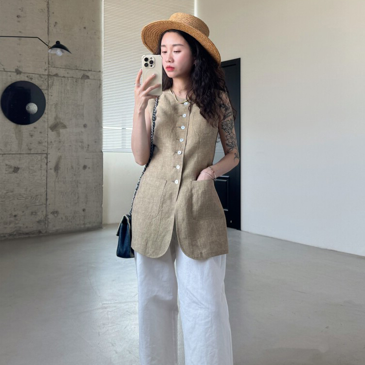 2026 Summer New Style Women's Vest 100% Linen Vest for Petite Women, Waist-Cinching, Single-Breasted, Breathable, Slimming