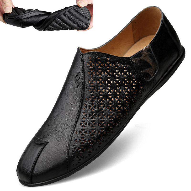 Summer men's breathable leather shoes Korean version of the trendy youth hollow leather beanie shoes soft bottom soft leather casual men's shoes